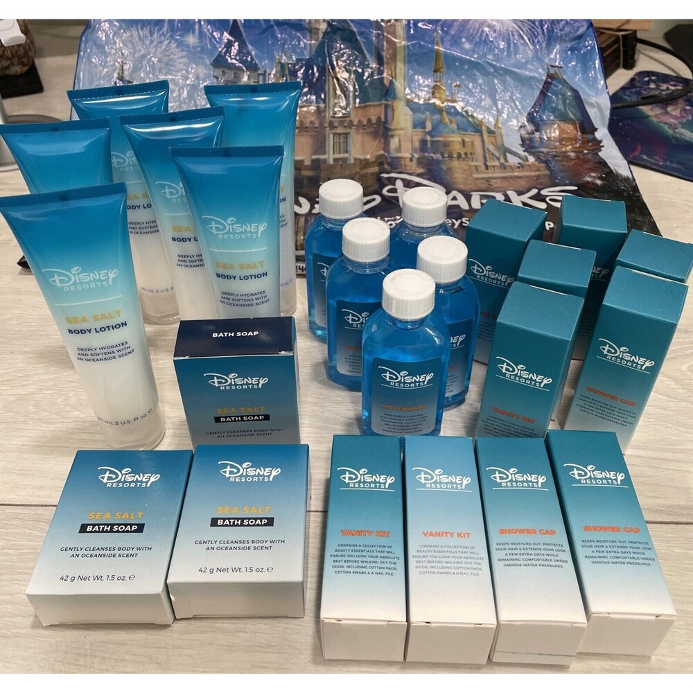 Disney Resorts Sea Salt Soap &Lotion Mouthwash Vanity Set Shower Cap Set Of 24